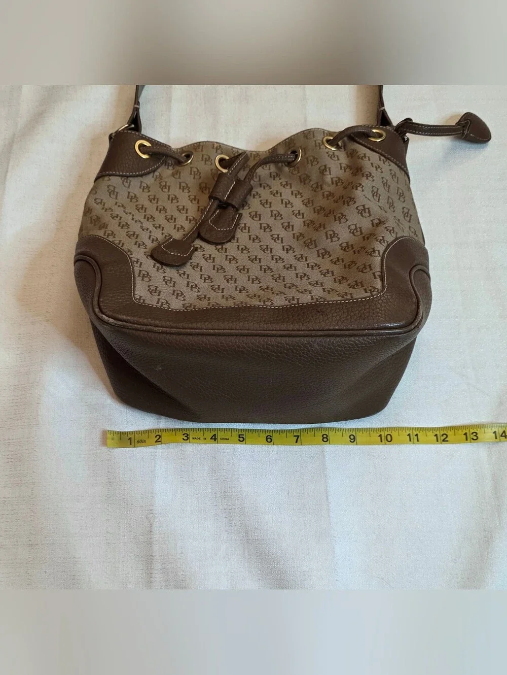 Vintage Dooney & Bourke Signature Monogram Drawstring Bucket Bag Brown Hobo